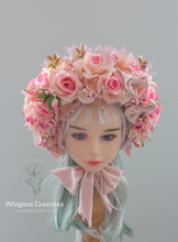 Load image into Gallery viewer, Flower Bonnet for 12-24 Months - Pink Colour - Handmade - Artificial Flower Headpiece - Photo Prop