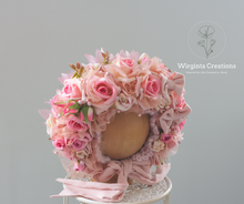 Load image into Gallery viewer, Flower Bonnet for 12-24 Months - Pink Colour - Handmade - Artificial Flower Headpiece - Photo Prop