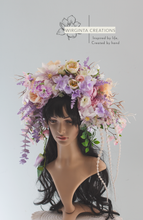 Load image into Gallery viewer, Large Flower Headpiece - Cascading Style Photography Crown - Colours: Purple, Lilac, Cream - Maternity Photoshoot - Luxury Flower Headband