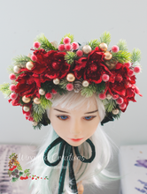 Load image into Gallery viewer, Christmas Flower Bonnet for 9–24 Months Olds | Handmade Festive Headpiece | Bonnet's Colours: Green, Red | Photography Prop