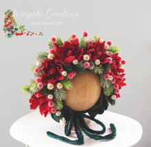 Load image into Gallery viewer, Christmas Flower Bonnet for 9–24 Months Olds | Handmade Festive Headpiece | Bonnet's Colours: Green, Red | Photography Prop