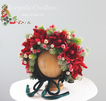 Load image into Gallery viewer, Christmas Flower Bonnet for 9–24 Months Olds | Handmade Festive Headpiece | Bonnet's Colours: Green, Red | Photography Prop