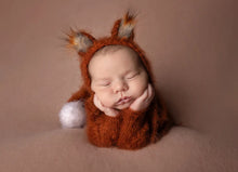 Load image into Gallery viewer, Handmade Fox-Themed Newborn Photography Outfit - Burnt Orange Knitted Footless Romper with Tail and Hat - Woodlands-Inspired Photo Prop Set