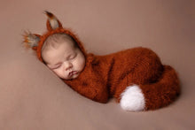 Load image into Gallery viewer, Handmade Fox-Themed Newborn Photography Outfit - Burnt Orange Knitted Footless Romper with Tail and Hat - Woodlands-Inspired Photo Prop Set