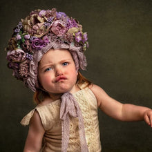 Load image into Gallery viewer, Flower Bonnet for 9–24 Months Olds | Handmade Headpiece | Bonnet's Colours: Dusty Mauve, Pink, Gold, White | Photography Prop