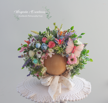 Load image into Gallery viewer, Colourful flower bonnet, photography prop, artificial flower headpiece decorated with butterfly