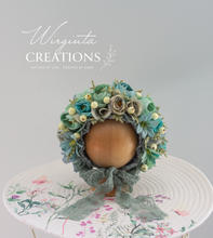 Load image into Gallery viewer, Turquoise, Mint flower bonnet for newborns, 0-3 months old, photography prop