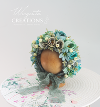 Load image into Gallery viewer, Flower Bonnet for Newborns (0-3 Months) - Photography Headpiece - Turquoise, Mint Colour - Photo Prop