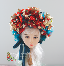 Load image into Gallery viewer, Christmas Flower Bonnet for 9–24 Months Olds - Handmade Festive Headpiece - Bonnet's Colours: Turquoise Gold, Red - Photography Prop