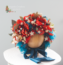 Load image into Gallery viewer, Christmas Flower Bonnet for 9–24 Months Olds - Handmade Festive Headpiece - Bonnet's Colours: Turquoise Gold, Red - Photography Prop