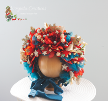 Load image into Gallery viewer, Christmas Flower Bonnet for 9–24 Months Olds - Handmade Festive Headpiece - Bonnet's Colours: Turquoise Gold, Red - Photography Prop
