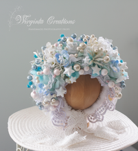 Load image into Gallery viewer, Flower Bonnet for 9–24 Months Olds | Handmade Headpiece | Bonnet's Colours: Blue, White | Photography Prop