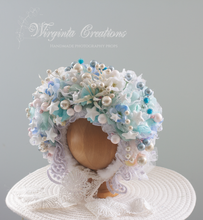 Load image into Gallery viewer, Flower Bonnet for 9–24 Months Olds | Handmade Headpiece | Bonnet's Colours: Blue, White | Photography Prop