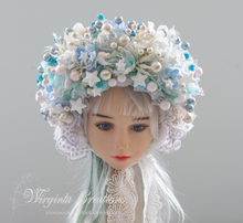 Load image into Gallery viewer, Flower Bonnet for 9–24 Months Olds | Handmade Headpiece | Bonnet's Colours: Blue, White | Photography Prop