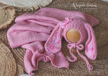 Load image into Gallery viewer, Wrap and Bonnet Set - Newborn Bunny Hat - Pink Colour - Handmade - Ready to Send - Photography Prop