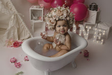 Load image into Gallery viewer, Flower Bonnet for 9–24 Months Olds | Handmade Headpiece | Bonnet's Colours: Dusty Mauve, Pink, Gold, White | Photography Prop