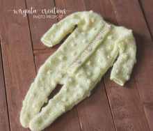 Load image into Gallery viewer, Handmade Mohair Newborn Photography Prop Set | Light Yellow Romper & Hat | Knitted Photo Props