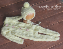 Load image into Gallery viewer, Handmade Mohair Newborn Photography Prop Set | Light Yellow Romper & Hat | Knitted Photo Props