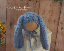 Load image into Gallery viewer, Alpaca wool bunny bonnet for sitter. 6-12 months old. Knitted. Light blue. Long ears. Easter. Ready to send