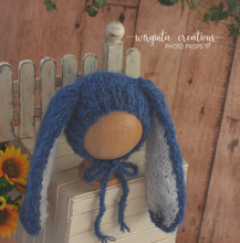 Load image into Gallery viewer, Alpaca wool bunny bonnet for sitter. 6-12 months old. Knitted. Dark blue. Long ears. Easter. Ready to send