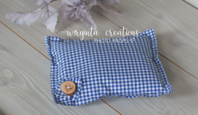 Load image into Gallery viewer, Posing pillow for a newborn. Baby Photo Props. Checked fabric. White and blue. Decorated with wooden button. Ready to send