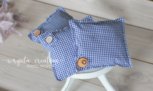Load image into Gallery viewer, Posing pillow for a newborn. Baby Photo Props. Checked fabric. White and blue. Decorated with wooden button. Ready to send