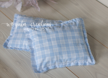 Load image into Gallery viewer, Posing pillow for a newborn. Baby Photo Props. Checked fabric. White and light blue. Decorated with wooden button. Ready to send