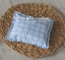Load image into Gallery viewer, Posing pillow for a newborn. Baby Photo Props. Checked fabric. White and light blue. Decorated with wooden button. Ready to send