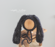 Load image into Gallery viewer, Alpaca wool bunny bonnet for sitter. 9-18 months old. Knitted. Black-Grey. Long ears. Easter. Ready to send