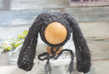 Load image into Gallery viewer, Alpaca wool bunny bonnet for sitter. 9-18 months old. Knitted. Black-Grey. Long ears. Easter. Ready to send