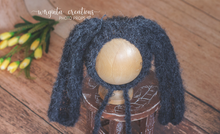 Load image into Gallery viewer, Alpaca wool bunny bonnet for sitter. 9-18 months old. Knitted. Black-Grey. Long ears. Easter. Ready to send