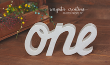 Load image into Gallery viewer, Handmade Wooden Curved "ONE" Word for Cake Smash Photos - Available in Distressed or Plain Colors | Made to order
