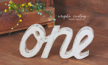 Load image into Gallery viewer, Handmade Wooden Curved "ONE" Word for Cake Smash Photos - Available in Distressed or Plain Colors | Made to order
