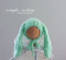 Load image into Gallery viewer, Fuzzy yarn bunny bonnet for 6-12 months old. Hand-Knitted. Warm Mint. Long ears. Easter. Ready to send