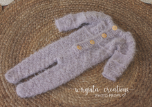 Load image into Gallery viewer, Grey Mauve Newborn Footed Romper with Matching Bonnet - Handmade Knitted Outfit - Photo Prop - Available Now