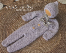 Load image into Gallery viewer, Grey Mauve Newborn Footed Romper with Matching Bonnet - Handmade Knitted Outfit - Photo Prop - Available Now