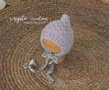 Load image into Gallery viewer, Grey Mauve Newborn Footed Romper with Matching Bonnet - Handmade Knitted Outfit - Photo Prop - Available Now