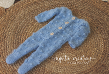 Load image into Gallery viewer, Handmade Newborn Photography Prop Set | Light Blue Romper & Hat | Knitted Photo Props