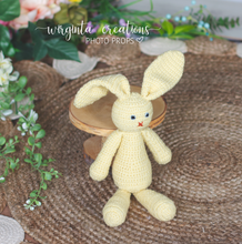 Load image into Gallery viewer, Knitted bunny toy. Handmade. Yellow. Knitted. Posing toy. Easter. Ready to send