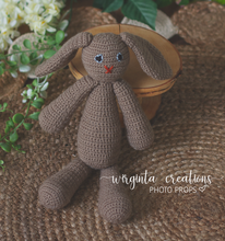 Load image into Gallery viewer, Knitted bunny toy. Handmade. Brown. Posing toy. Easter. Ready to send