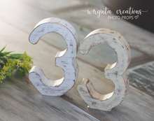 Load image into Gallery viewer, Free-Standing Distressed Wooden Number 3 Prop for Baby's 3rd Birthday Photography and Cake Smash - Made to order