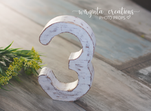 Load image into Gallery viewer, Free-Standing Distressed Wooden Number 3 Prop for Baby's 3rd Birthday Photography and Cake Smash - Made to order