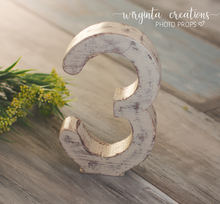 Load image into Gallery viewer, Free-Standing Distressed Wooden Number 3 Prop for Baby's 3rd Birthday Photography and Cake Smash - Made to order
