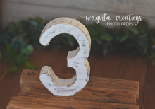 Load image into Gallery viewer, Free-Standing Distressed Wooden Number 3 Prop for Baby's 3rd Birthday Photography and Cake Smash - Made to order
