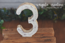 Load image into Gallery viewer, Free-Standing Distressed Wooden Number 3 Prop for Baby's 3rd Birthday Photography and Cake Smash - Made to order