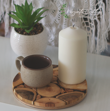 Load image into Gallery viewer, Handmade Juniper Wood Tray - Natural & Decorative Presentation coasters for Coffee, Candles, and More - Rustic and Elegant Design Options - 18cm Diameter