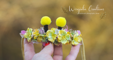 Load image into Gallery viewer, Handmade bee tieback for newborn. Decorated with artificial flowers. Stretchy. Ready to send