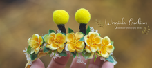 Load image into Gallery viewer, Handmade bee tieback for newborn. Decorated with artificial flowers. Stretchy. Ready to send