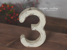 Load image into Gallery viewer, Free-Standing Distressed Wooden Number 3 Prop for Baby's 3rd Birthday Photography and Cake Smash - Made to order