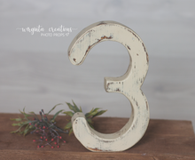 Load image into Gallery viewer, Free-Standing Distressed Wooden Number 3 Prop for Baby's 3rd Birthday Photography and Cake Smash - Made to order